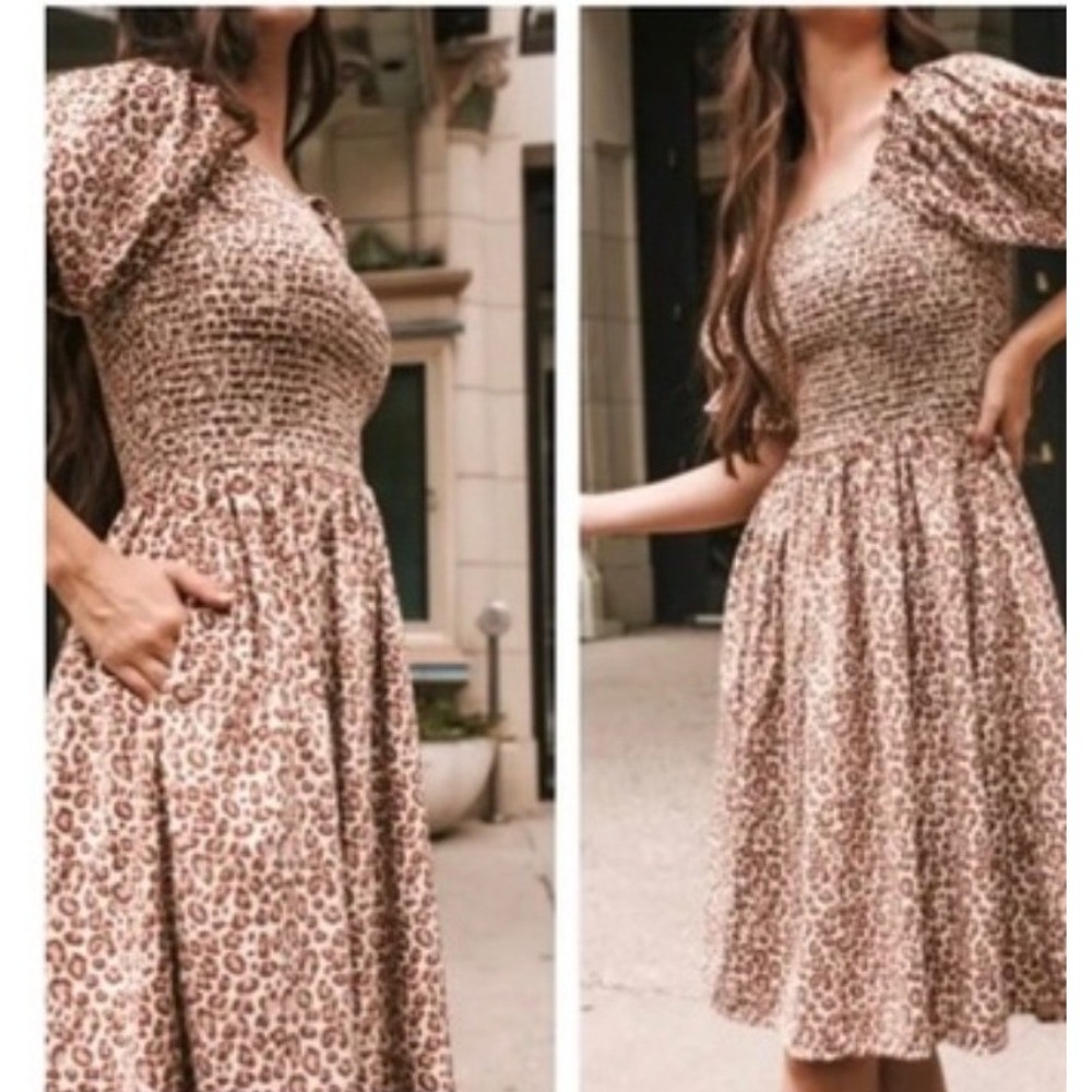 Ivy City Co Wild One Leopard Print Smocked Midi Dress Puff Sleeve Small NEW